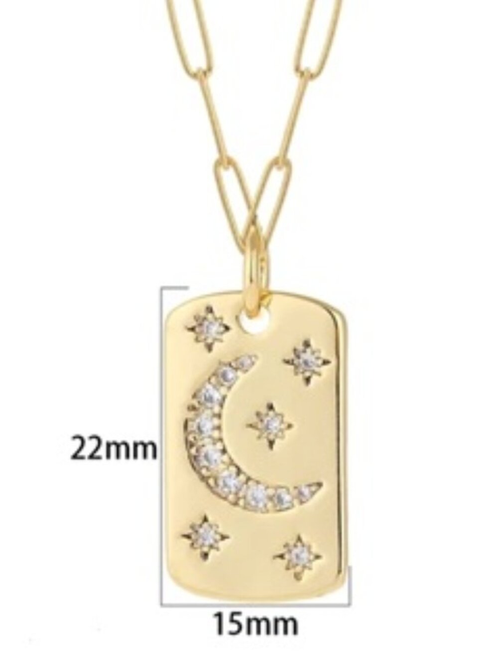 DESIGNER Space Age Moon/Stars Gold Clear Zircon Stones Paper Clip Chain Necklace